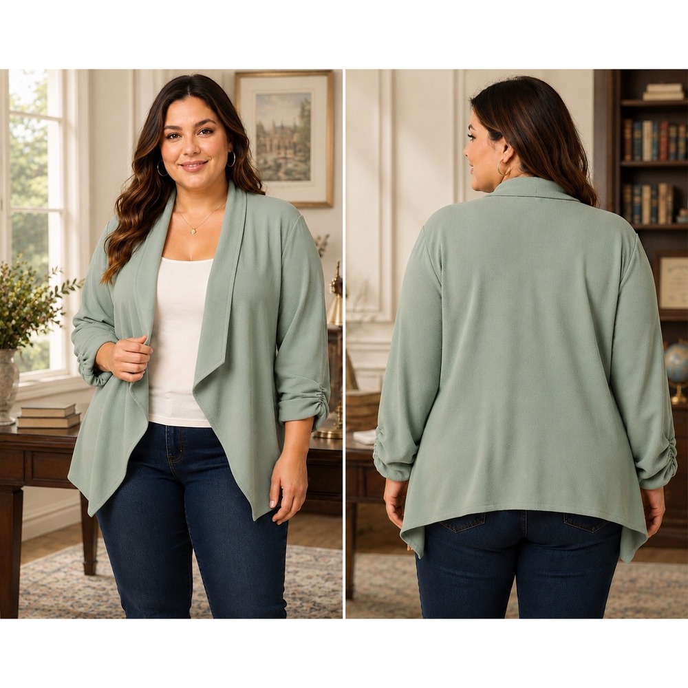 Andthewhy Sage Green Open Front Ruched Sleeve Blazer Plus Size 1X NWT